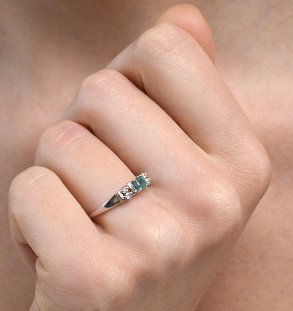Emerald 3.75mm And Diamond 9K White Gold Ring